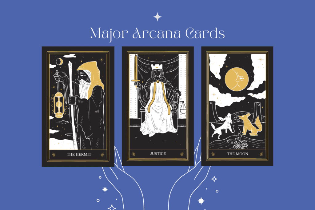 The Hermit, Justice, The Moon tarot cards