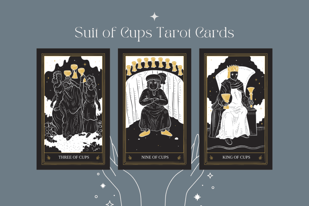 Three of cups, Nine of cups, King of cups cards