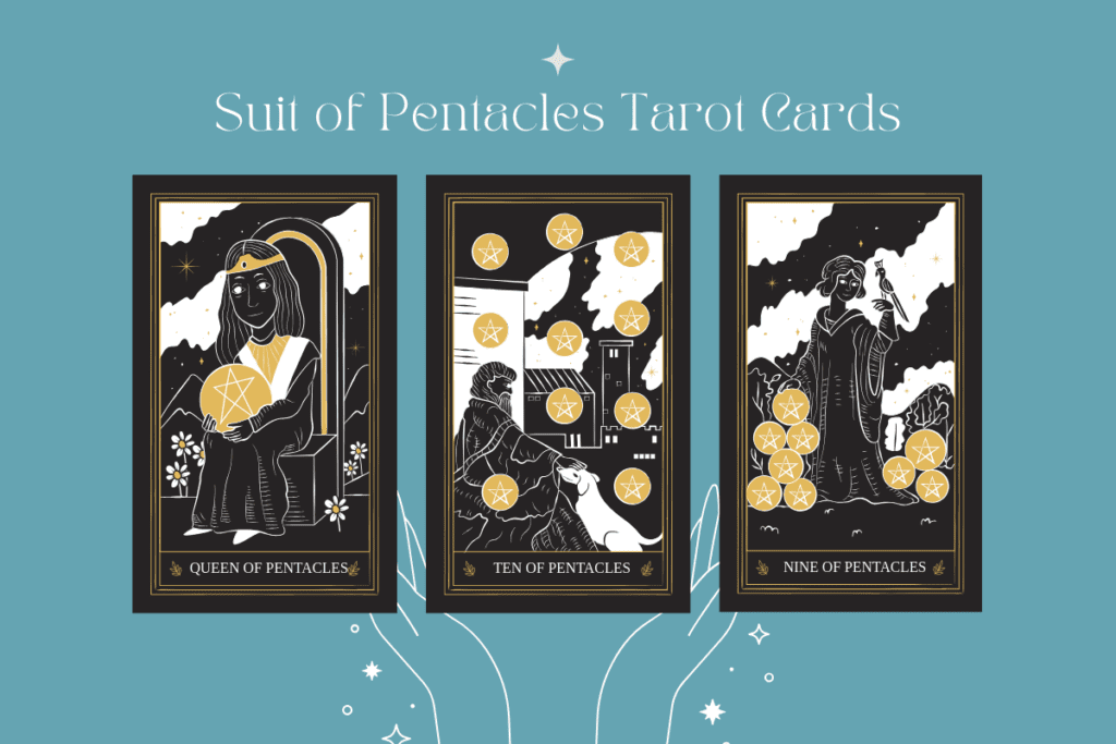 Queen of pentacles, Ten of pentacles, Nine of pentacles card meanings in love